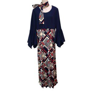 Vintage 1970s MOD Blue White Red Maxi Dress Full Drape Sleeves Neck Tie Sz 8 10
